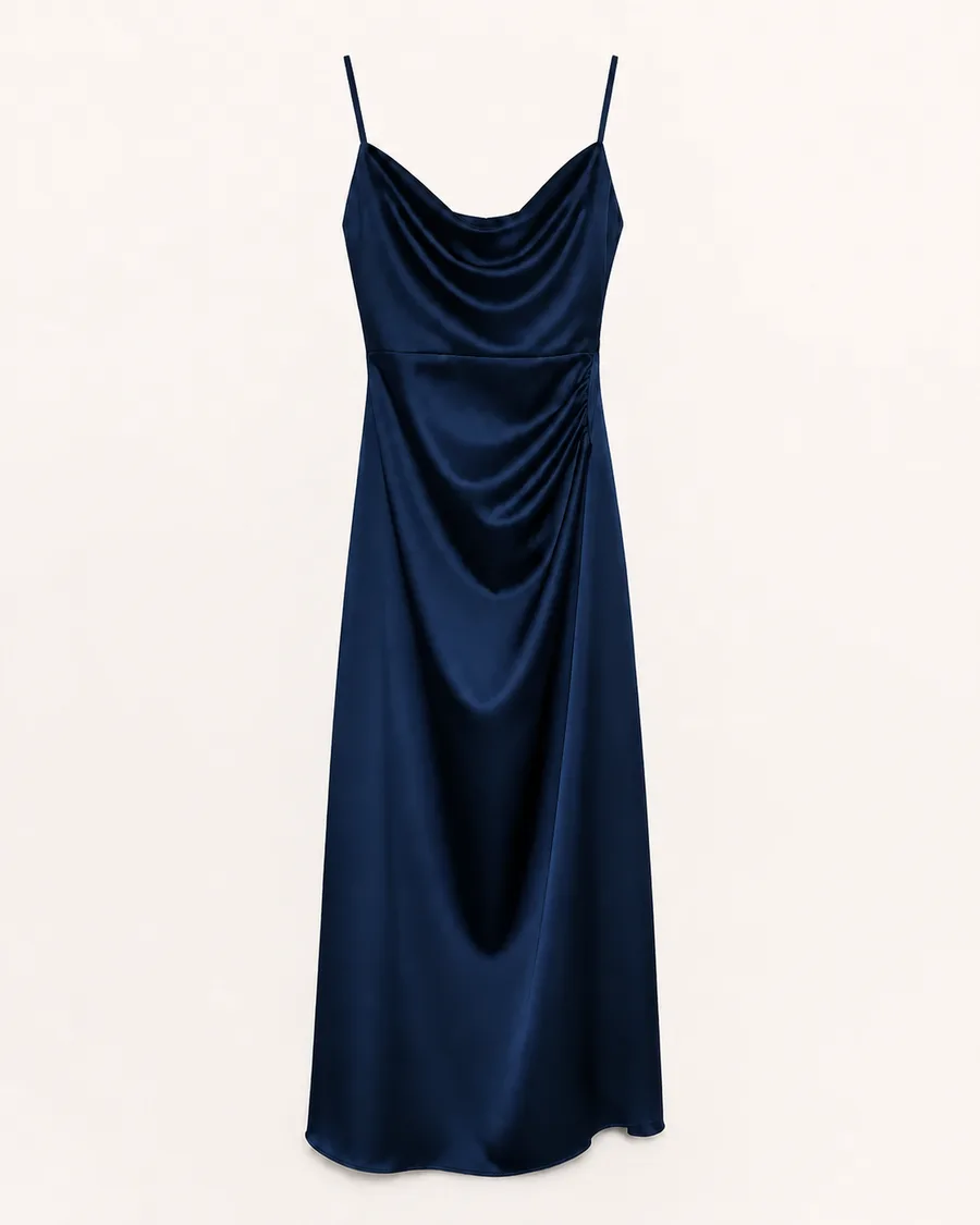 Midnight color variant of the same satin dress